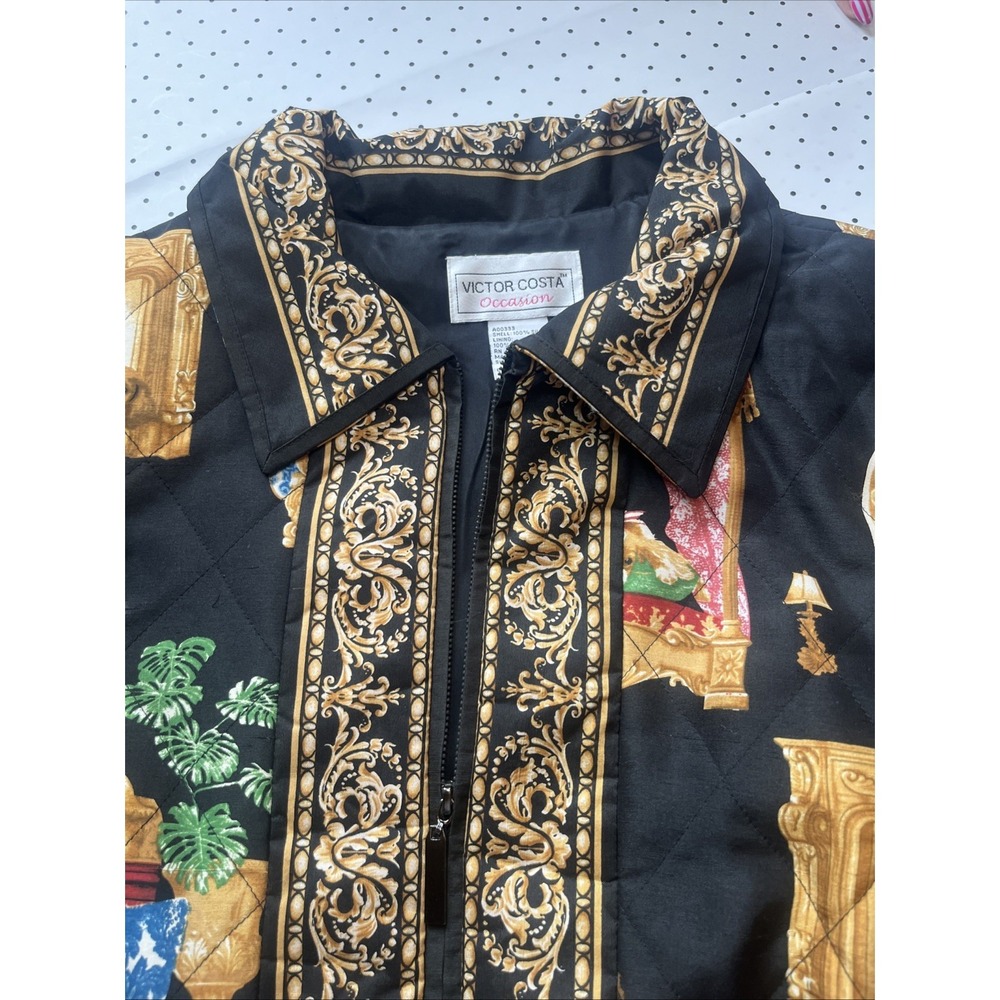 Vtg Victor Costa Occasion 100% Silk Quilted Dog Print Jacket Baroque Zip Small - Picture 9 of 14